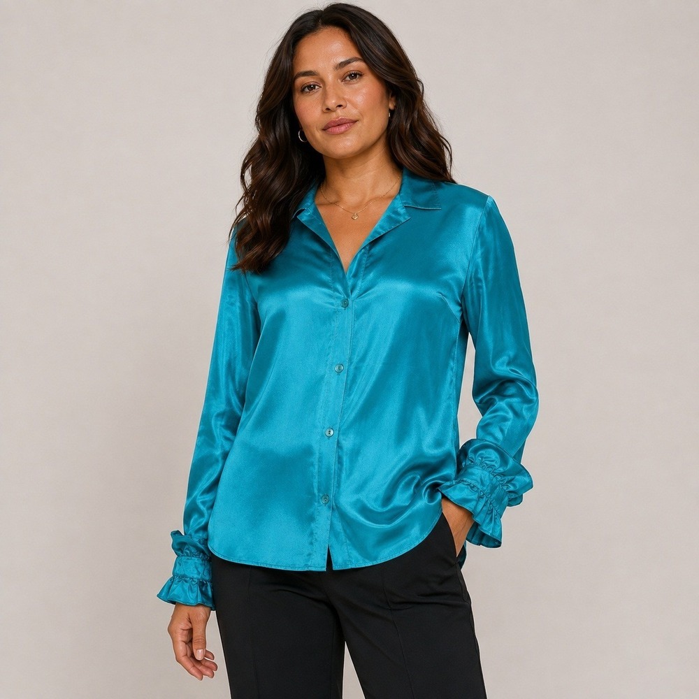 Lafayette 148 Top Womens 8 Teal  Silk Ruffle Cuff Long Sleeve Chic Preppy Office